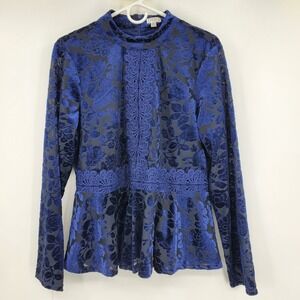 Spense Y2K Blue Floral Velvet Peplum Top Whimsigoth Dark Fairy Lace Trim Large